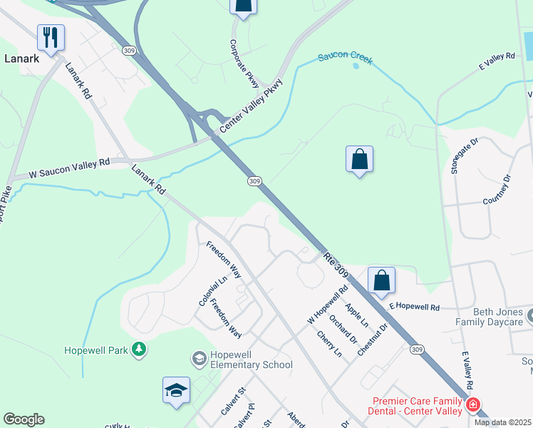 map of restaurants, bars, coffee shops, grocery stores, and more near 4390 Pennsylvania 309 in Lehigh County