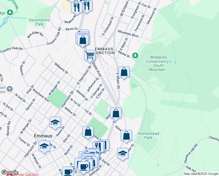 map of restaurants, bars, coffee shops, grocery stores, and more near 133 State Avenue in Emmaus