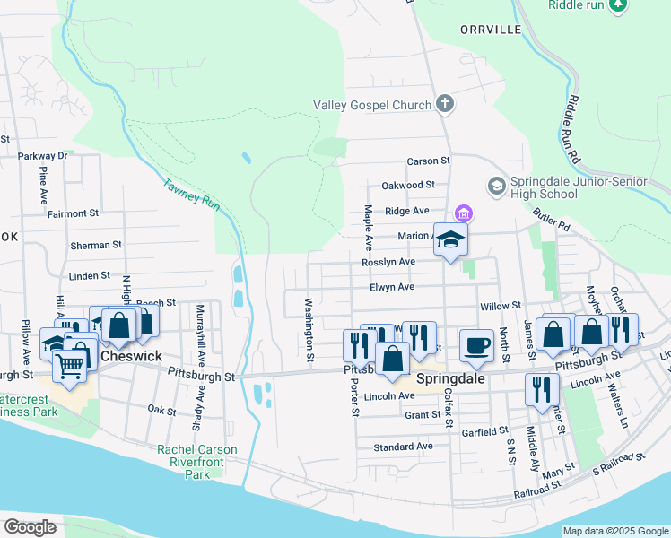 map of restaurants, bars, coffee shops, grocery stores, and more near 332 Rosslyn Avenue in Springdale