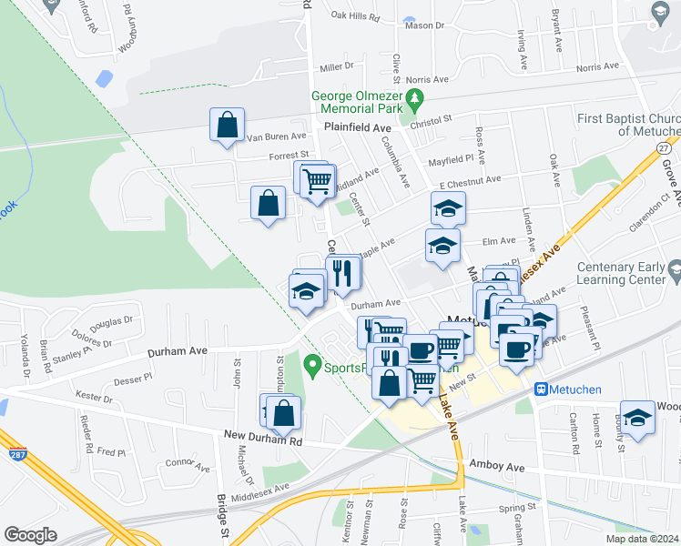 map of restaurants, bars, coffee shops, grocery stores, and more near 176 Central Avenue in Metuchen