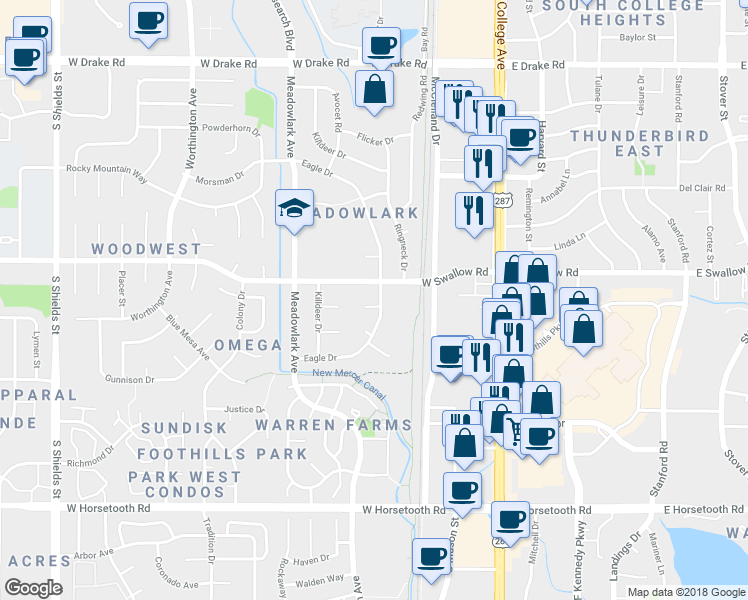 map of restaurants, bars, coffee shops, grocery stores, and more near 400 Robin Ct in Fort Collins