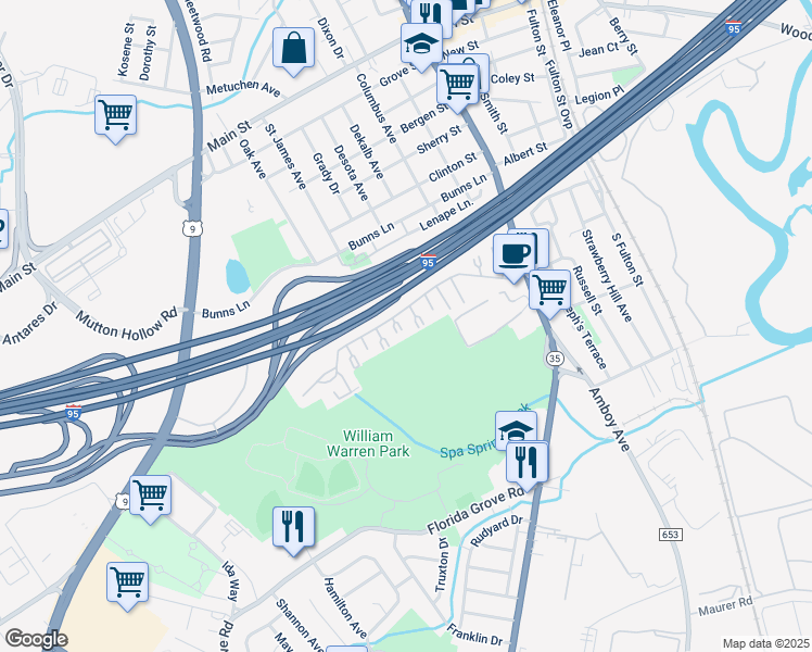 map of restaurants, bars, coffee shops, grocery stores, and more near 423 Cricket Lane in Woodbridge Township