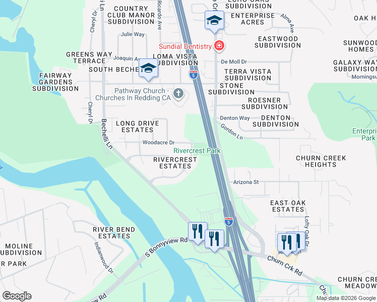 map of restaurants, bars, coffee shops, grocery stores, and more near 4322 Chinook Drive in Redding