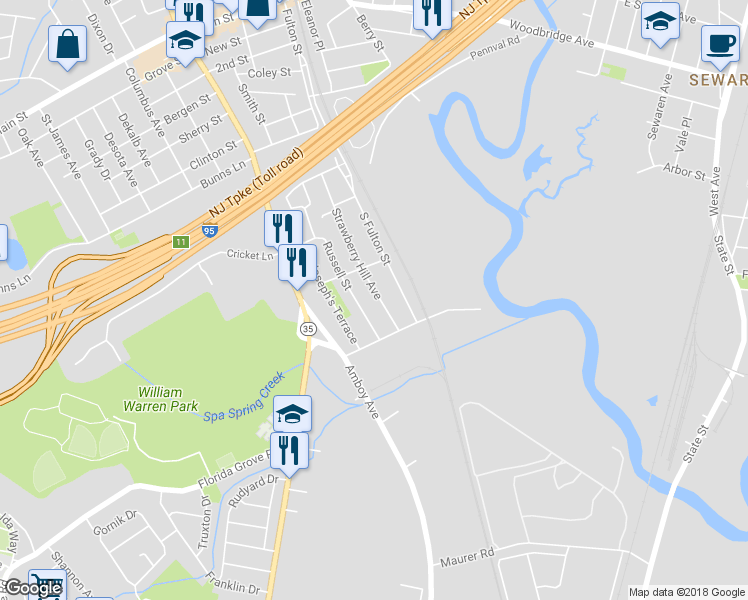 map of restaurants, bars, coffee shops, grocery stores, and more near 91 Strawberry Hill Avenue in Woodbridge Township