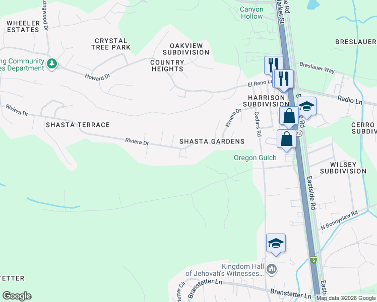 map of restaurants, bars, coffee shops, grocery stores, and more near 1727 Riviera Drive in Redding