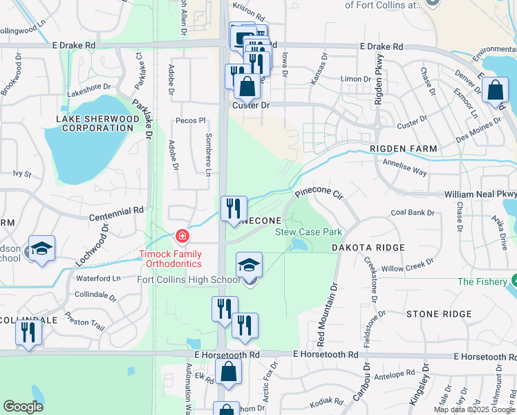 map of restaurants, bars, coffee shops, grocery stores, and more near 2212 Vermont Drive in Fort Collins