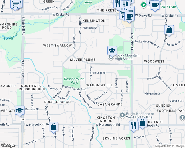 map of restaurants, bars, coffee shops, grocery stores, and more near 3113 Bowie Avenue in Fort Collins