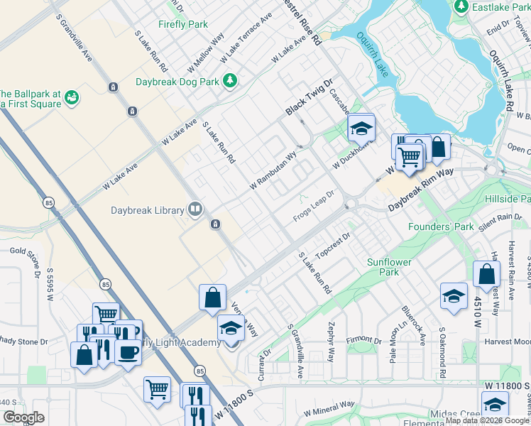 map of restaurants, bars, coffee shops, grocery stores, and more near 11362 Lake Run Road in South Jordan