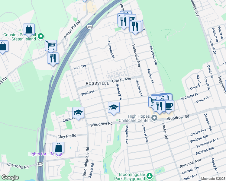 map of restaurants, bars, coffee shops, grocery stores, and more near 16 Shiel Avenue in Staten Island