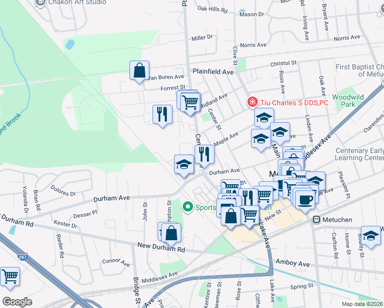 map of restaurants, bars, coffee shops, grocery stores, and more near 176 Central Avenue in Metuchen