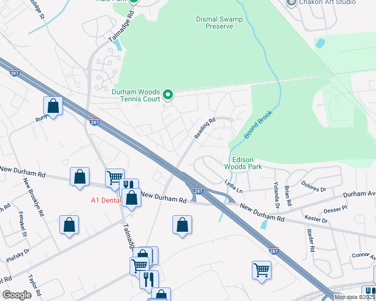 map of restaurants, bars, coffee shops, grocery stores, and more near 1 Reading Road in Edison