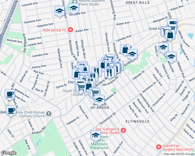 map of restaurants, bars, coffee shops, grocery stores, and more near 4455 Amboy Road in Staten Island
