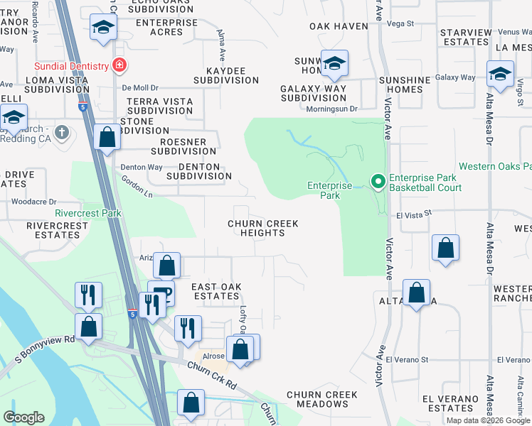 map of restaurants, bars, coffee shops, grocery stores, and more near 1517 Murieta Loop in Redding