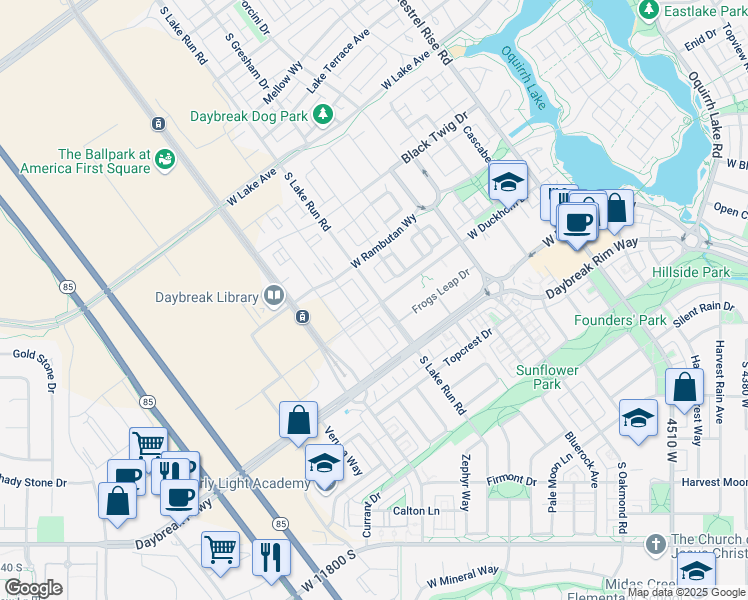 map of restaurants, bars, coffee shops, grocery stores, and more near 11362 Lake Run Road in South Jordan