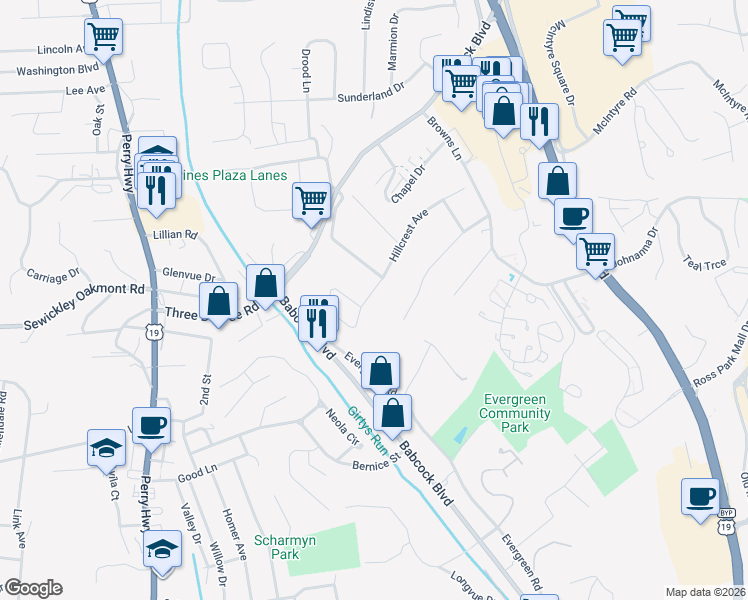 map of restaurants, bars, coffee shops, grocery stores, and more near 301 Hillcrest Avenue in Pittsburgh