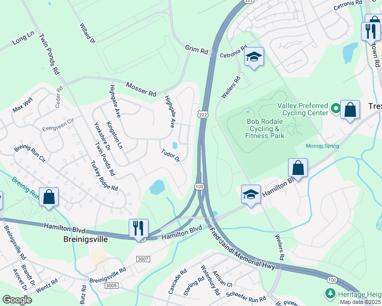 map of restaurants, bars, coffee shops, grocery stores, and more near 1111 King Way in Breinigsville