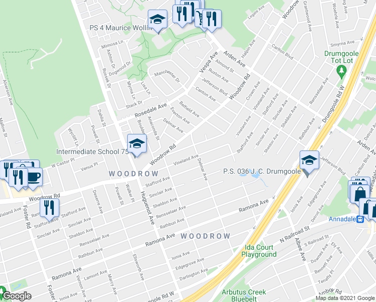 map of restaurants, bars, coffee shops, grocery stores, and more near 446 Crown Avenue in Staten Island