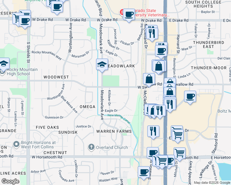 map of restaurants, bars, coffee shops, grocery stores, and more near 412 Bobolink Court in Fort Collins