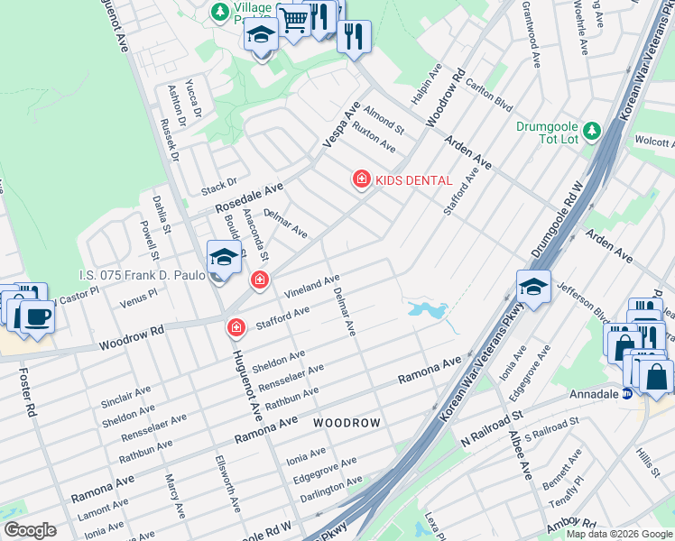 map of restaurants, bars, coffee shops, grocery stores, and more near 405 Vineland Avenue in Staten Island