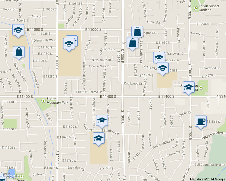 map of restaurants, bars, coffee shops, grocery stores, and more near 11361 Sandy Ridge Drive in Sandy