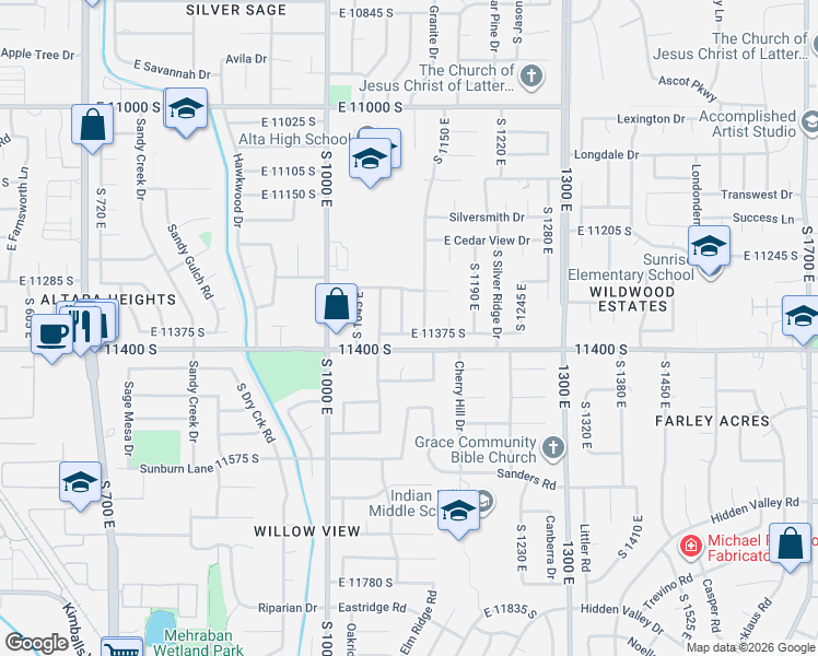 map of restaurants, bars, coffee shops, grocery stores, and more near 11363 South Paloma Way in Sandy