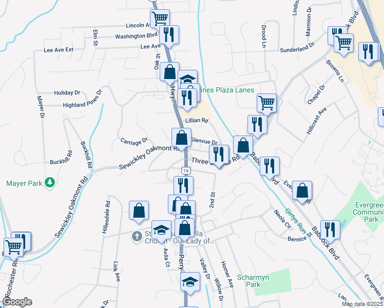 map of restaurants, bars, coffee shops, grocery stores, and more near 1102 U.S. 19 in Pittsburgh