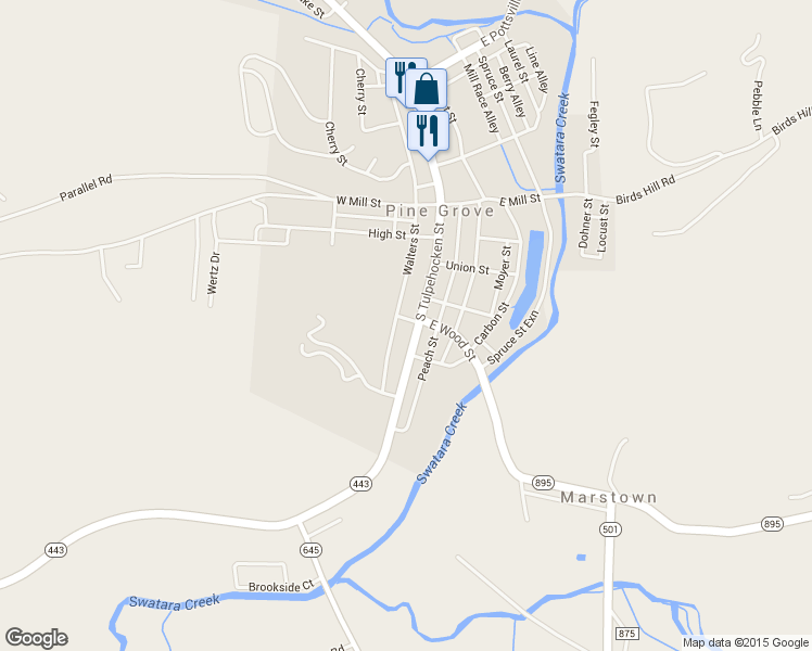 map of restaurants, bars, coffee shops, grocery stores, and more near 252 South Tulpehocken Street in Pine Grove