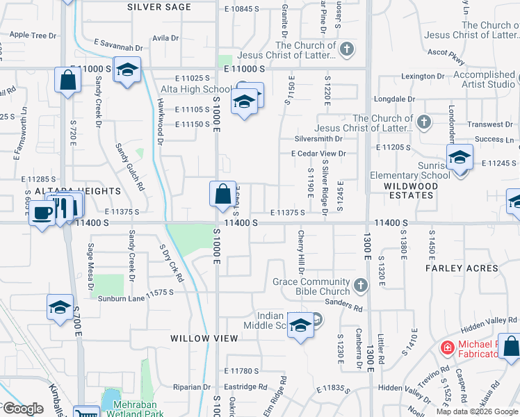 map of restaurants, bars, coffee shops, grocery stores, and more near 1093 Colima Drive in Sandy