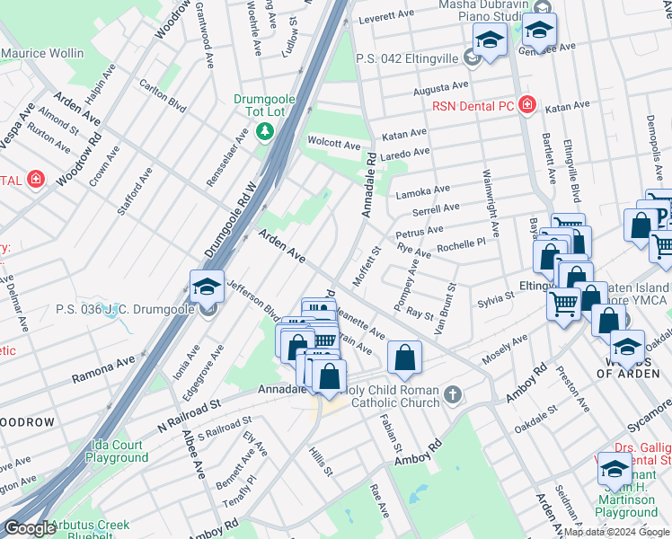 map of restaurants, bars, coffee shops, grocery stores, and more near 710 Annadale Road in Staten Island