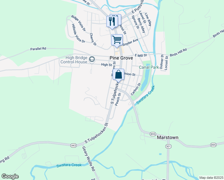 map of restaurants, bars, coffee shops, grocery stores, and more near 252 South Tulpehocken Street in Pine Grove
