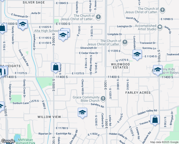 map of restaurants, bars, coffee shops, grocery stores, and more near 11364 South Silver Ridge Drive in Sandy