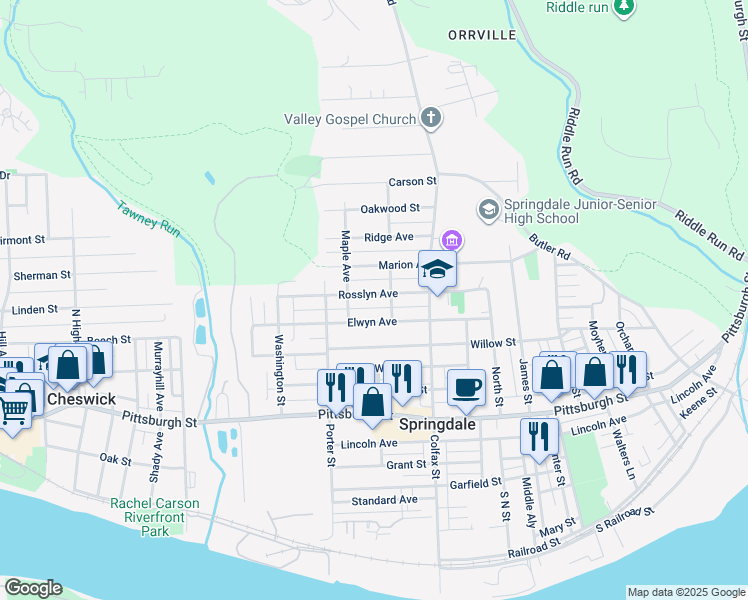 map of restaurants, bars, coffee shops, grocery stores, and more near 454 Rosslyn Avenue in Springdale