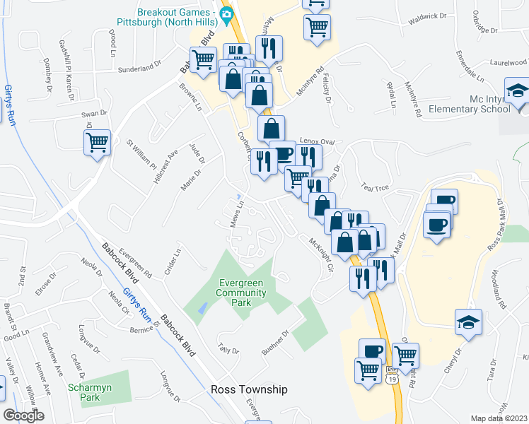 map of restaurants, bars, coffee shops, grocery stores, and more near 21 Maple Court in Pittsburgh