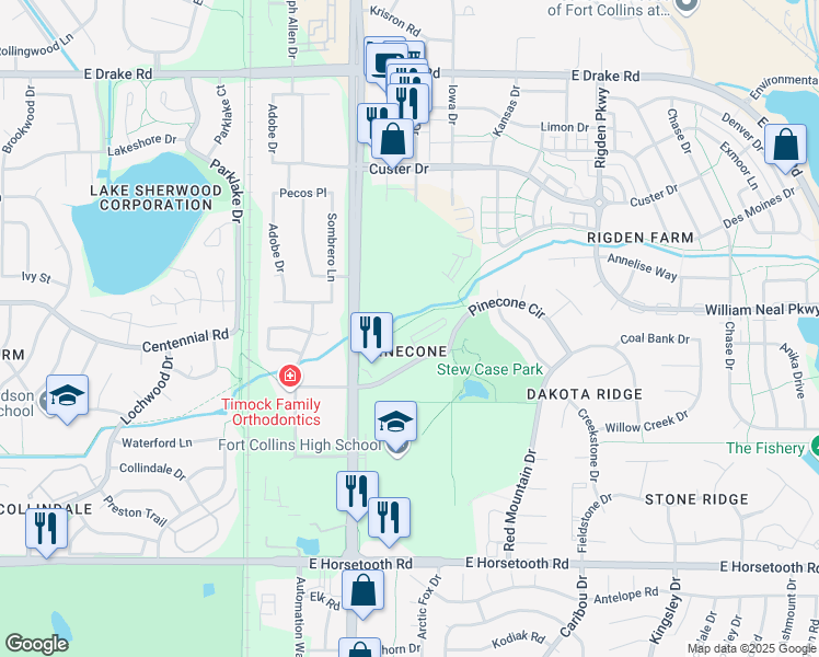 map of restaurants, bars, coffee shops, grocery stores, and more near 2212 Vermont Drive in Fort Collins