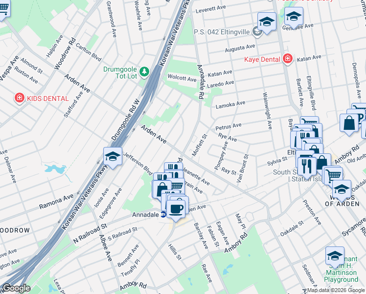 map of restaurants, bars, coffee shops, grocery stores, and more near 710 Annadale Road in Staten Island
