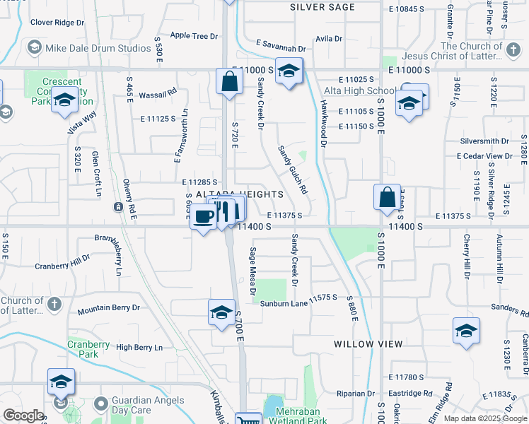 map of restaurants, bars, coffee shops, grocery stores, and more near 11353 750 East in Sandy