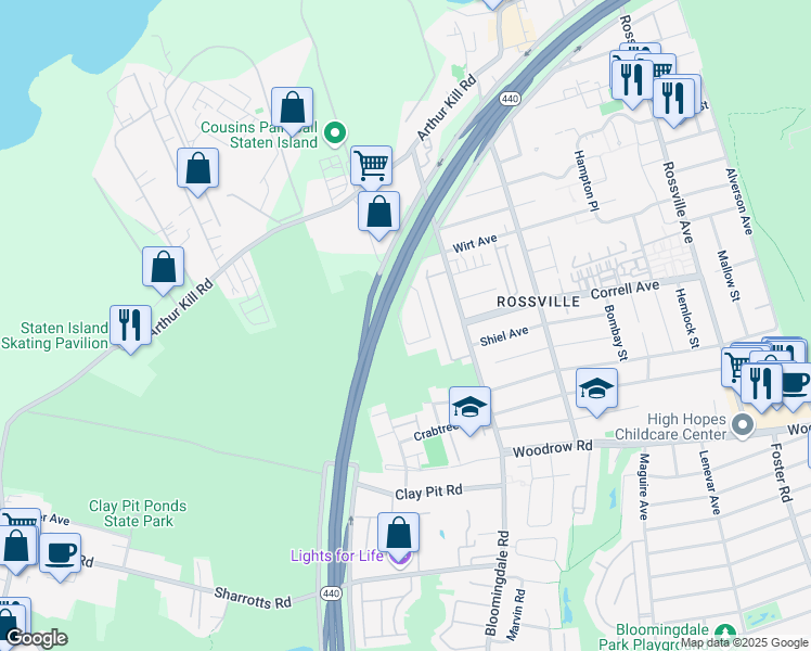 map of restaurants, bars, coffee shops, grocery stores, and more near 27 Wiltshire Lane in Staten Island
