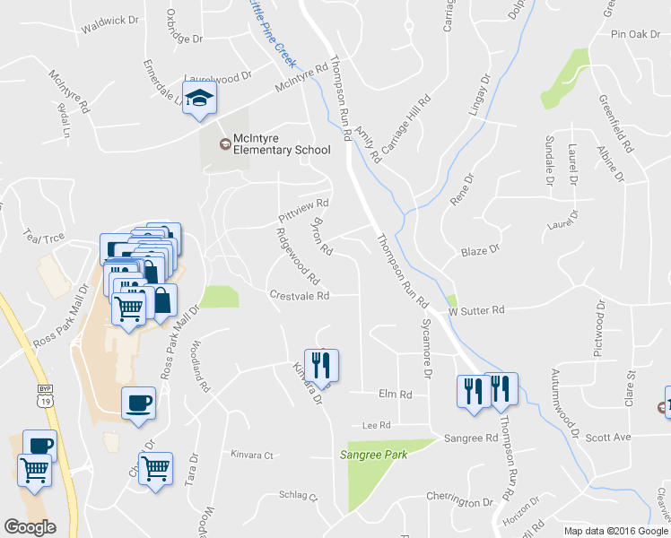 map of restaurants, bars, coffee shops, grocery stores, and more near 135 Byron Road in Pittsburgh