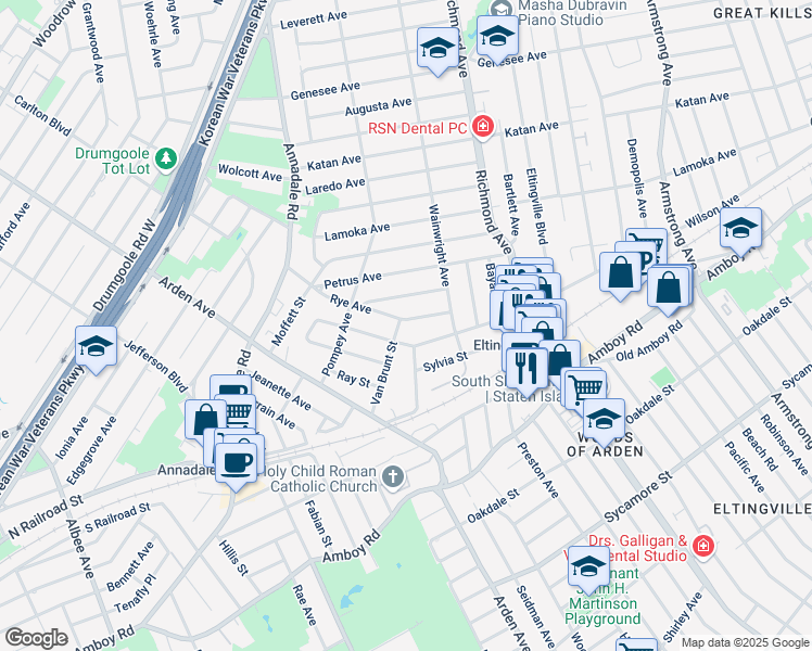 map of restaurants, bars, coffee shops, grocery stores, and more near 46 Rye Avenue in Staten Island