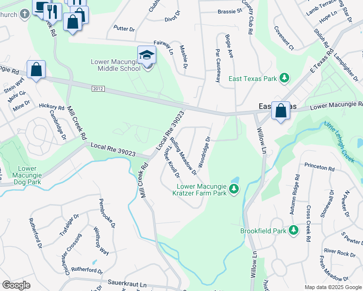 map of restaurants, bars, coffee shops, grocery stores, and more near 2187 Rolling Meadow Drive in Macungie