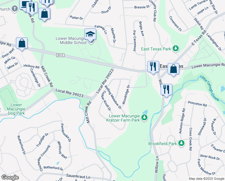 map of restaurants, bars, coffee shops, grocery stores, and more near 2187 Rolling Meadow Drive in Macungie