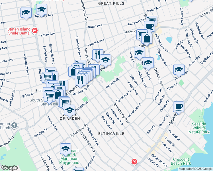 map of restaurants, bars, coffee shops, grocery stores, and more near 159 Oakdale Street in Staten Island