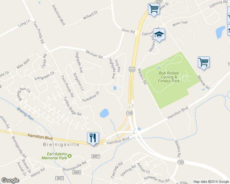 map of restaurants, bars, coffee shops, grocery stores, and more near 1113 Tudor Drive in Breinigsville