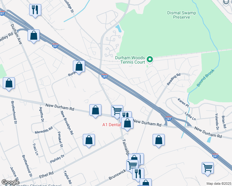 map of restaurants, bars, coffee shops, grocery stores, and more near 421 Waterford Drive in Edison