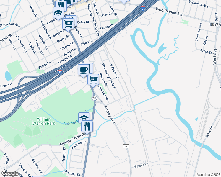 map of restaurants, bars, coffee shops, grocery stores, and more near 91 Strawberry Hill Avenue in Woodbridge Township