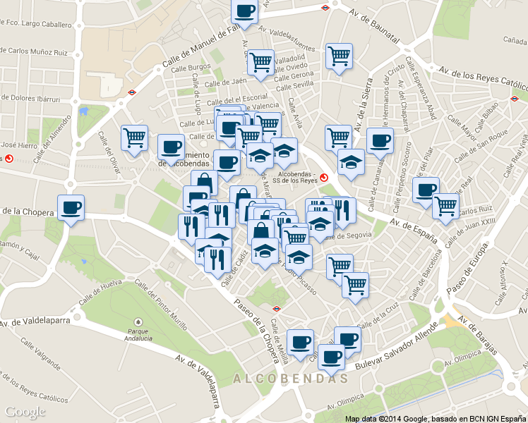 map of restaurants, bars, coffee shops, grocery stores, and more near 8 Calle del Tajo in Alcobendas