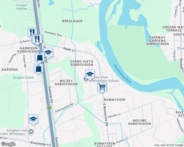 map of restaurants, bars, coffee shops, grocery stores, and more near 4472 East Bonnyview Road in Redding