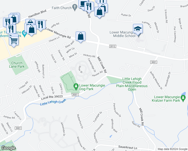 map of restaurants, bars, coffee shops, grocery stores, and more near Hauser Road in Macungie