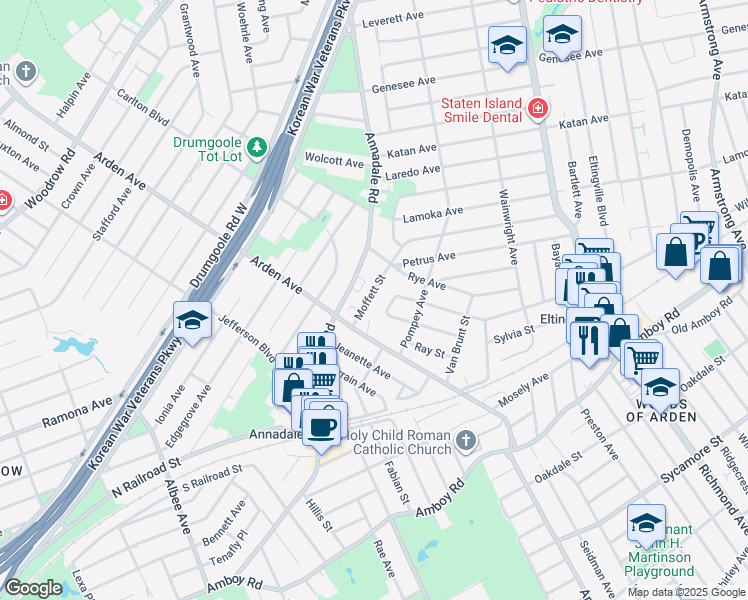 map of restaurants, bars, coffee shops, grocery stores, and more near 76 Moffett Street in Staten Island