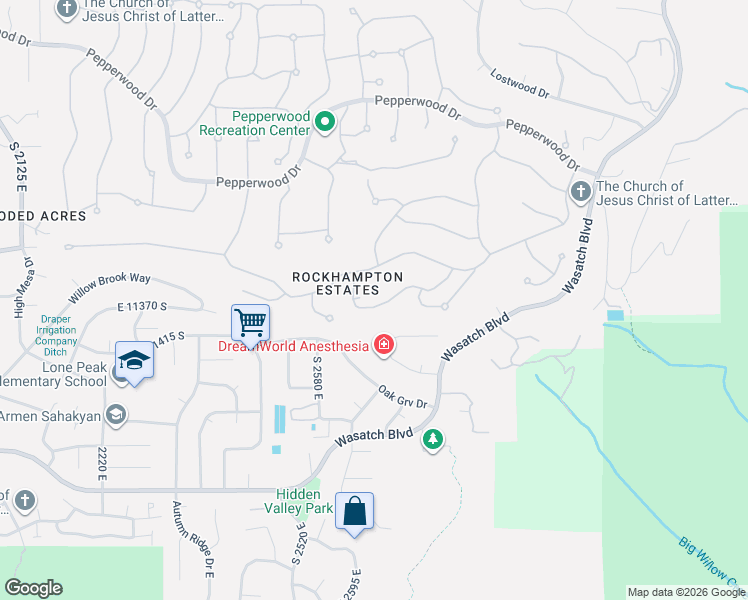 map of restaurants, bars, coffee shops, grocery stores, and more near 17 Snow Forest Lane in Sandy